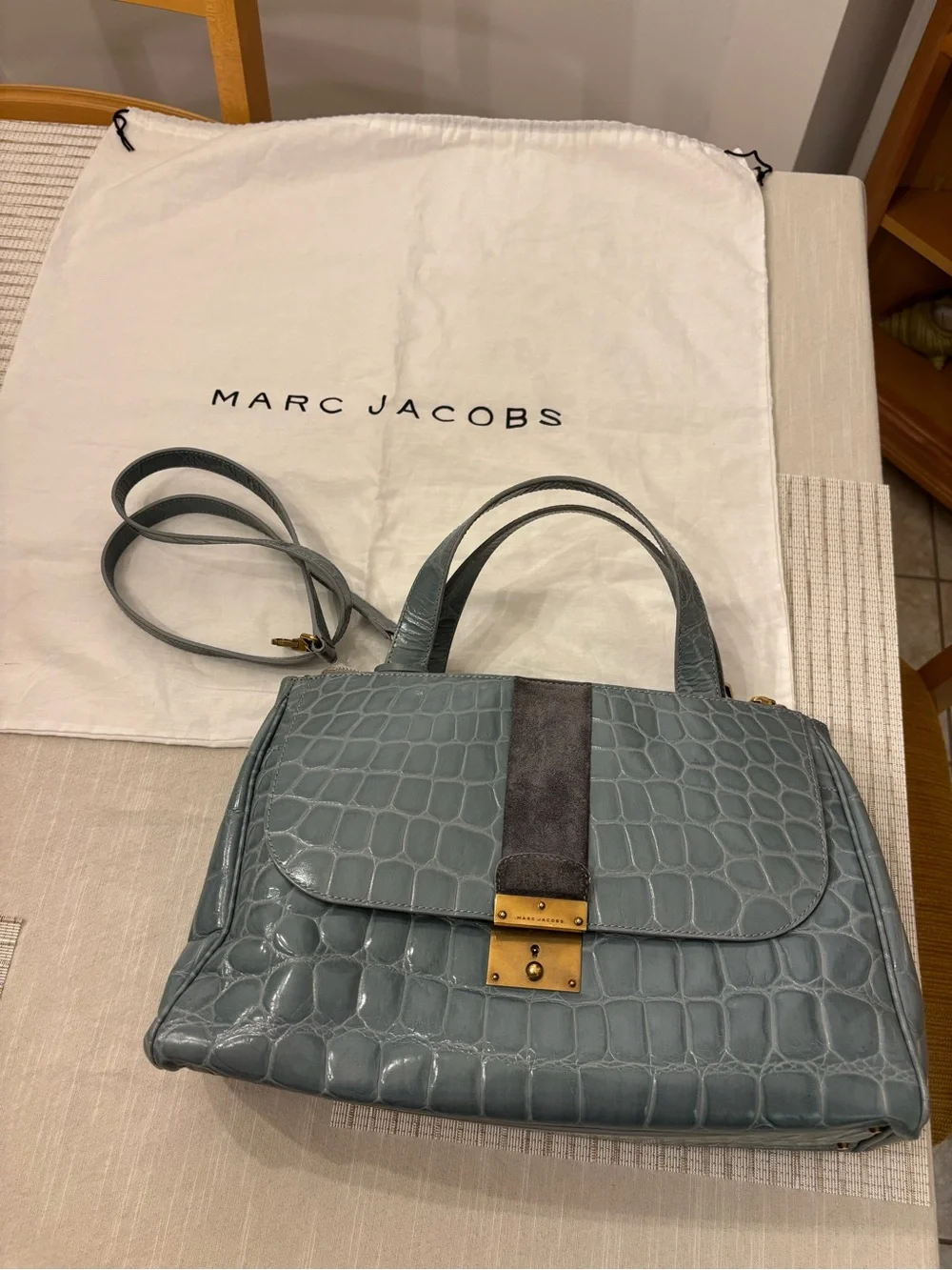 RARE Marc Jacobs Slate Blue Croc-Embossed Italian Leather Satchel with Gold